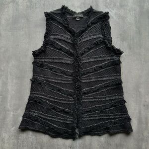 St. John Textured Fringe Knit Vest Wool Mohair Silk Black L